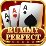 Rummy Perfect APK icon, three aces over a gold banner, version 1.0.2