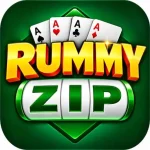 Rummy Zip APK icon, a yellow zip mark on black, version 1.2.8